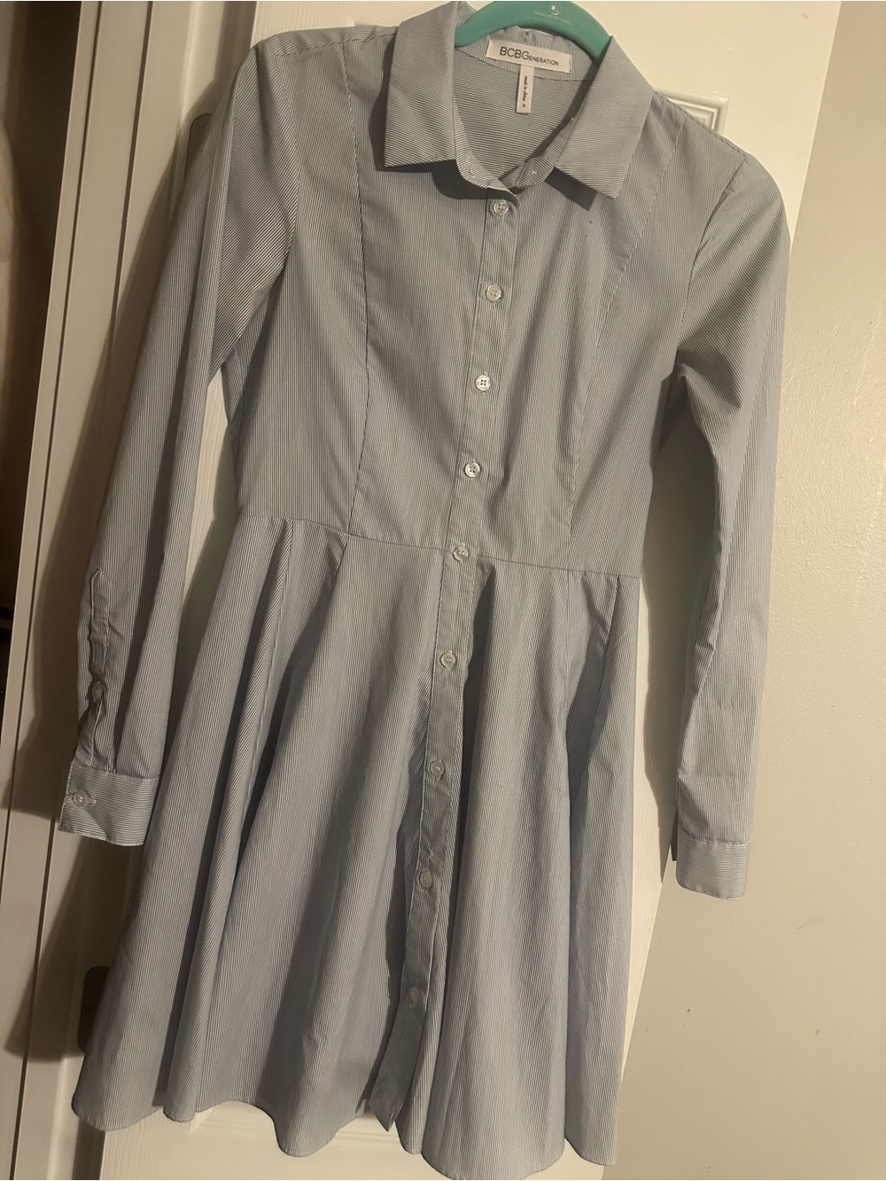 BCBG Button Up Long Sleeve Blue and White Stripe Dress size XS for work